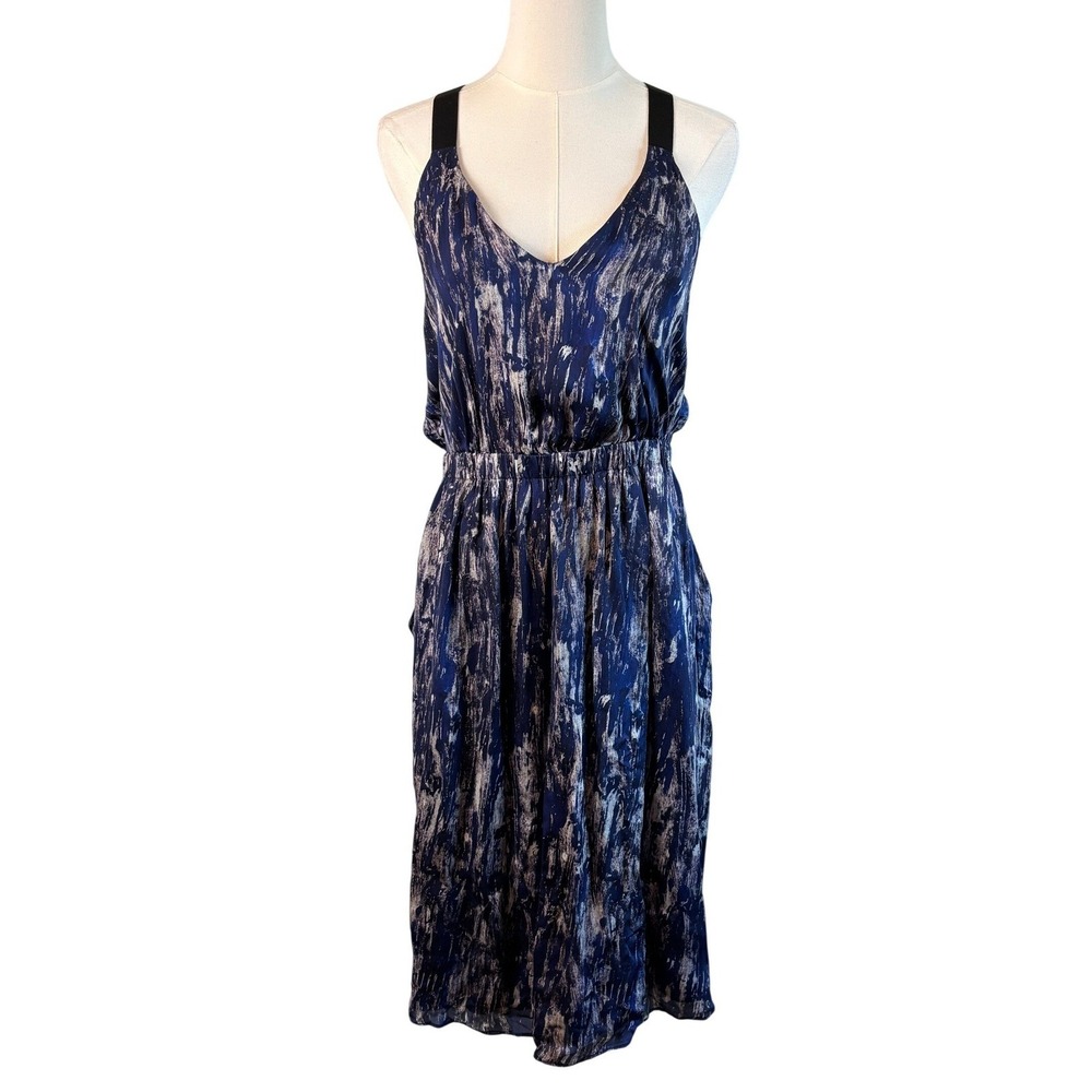 Theyskens Theory Silk Midi Dress Blue Women Size M‎ Abstract Cross Back V-Neck